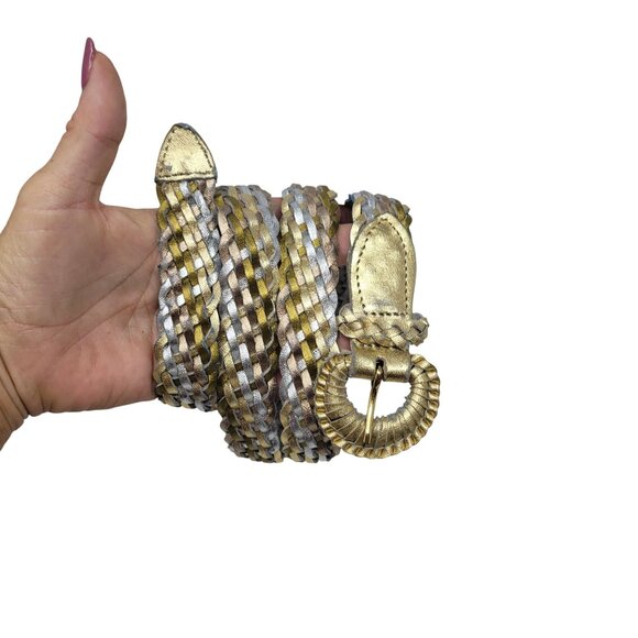 Vtg Metallic Gold Silver Platinum Braided Leather Belt Sz XL Western‎ Glam Disco main image 4